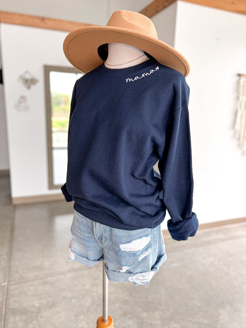 Mama Embroidered Pullover - Navy