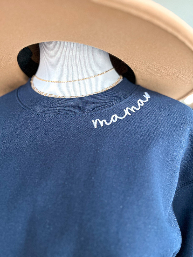 Mama Embroidered Pullover - Navy